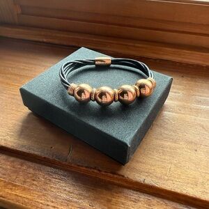 Black Leather Bracelet with Rose Gold Beads
